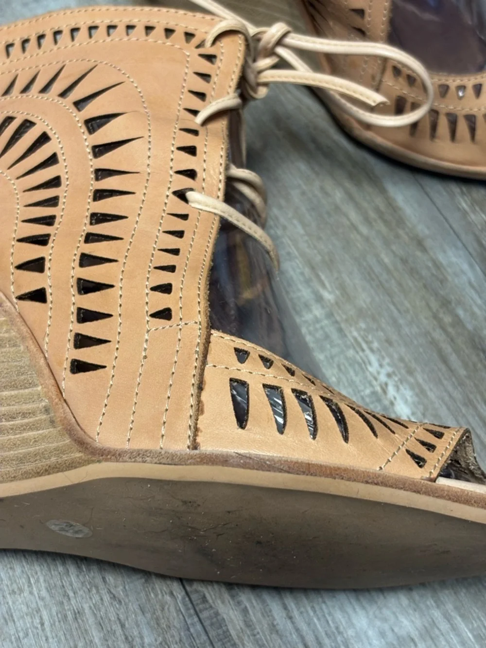 Jeffrey Campbell Rodillo Lace-Up Cutout Wedge Sandals in Nude